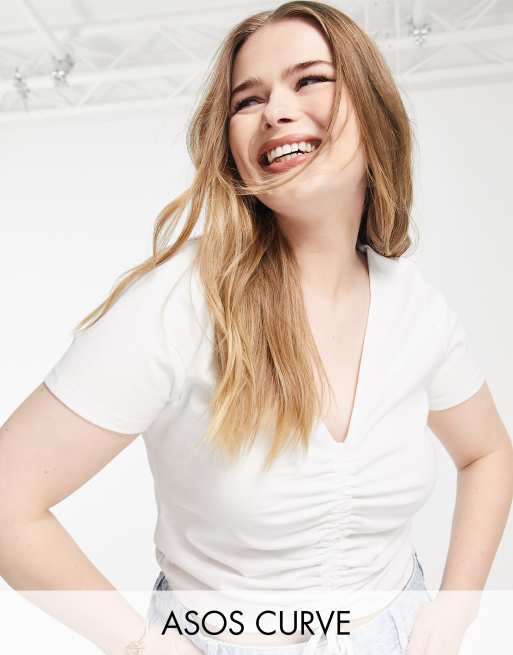 ASOS DESIGN Curve - Hvid tætsiddende top med rynket front og bindedetaljer