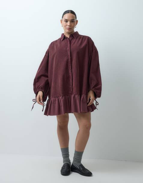 ASOS DESIGN Curve hybrid corduroy mini shirt dress with balloon sleeves and voile hem in washed burgundy - view 1