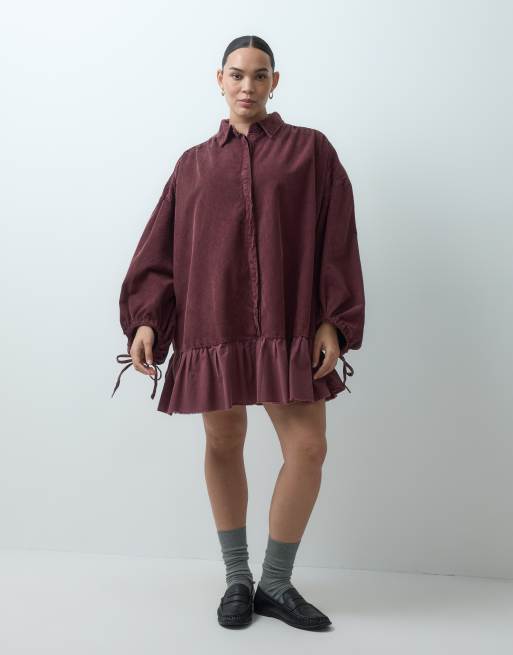 burgundy shirt dress outfit ASOS DESIGN Curve hybrid corduroy mini with balloon sleeves and voile hem in washed credit_fee:FREE Online Clothing Store. Size:6-12m Laila Boho floral cami
