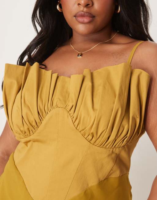 ASOS DESIGN Curve hybrid corset bias midaxi dress in ochre
