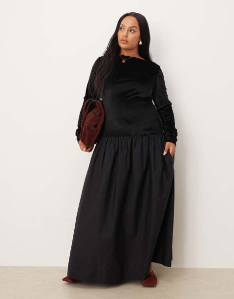 ASOS DESIGN Curve – Hybrid-Maxikleid aus Samt in Mitternachtsschwarz mit Popeline-Rock - view 1