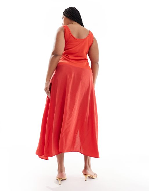 ASOS DESIGN Curve – Hybrid-Midikleid aus geripptem Stoff und Cupro in Rot mit U-Ausschnitt, 4 von 4