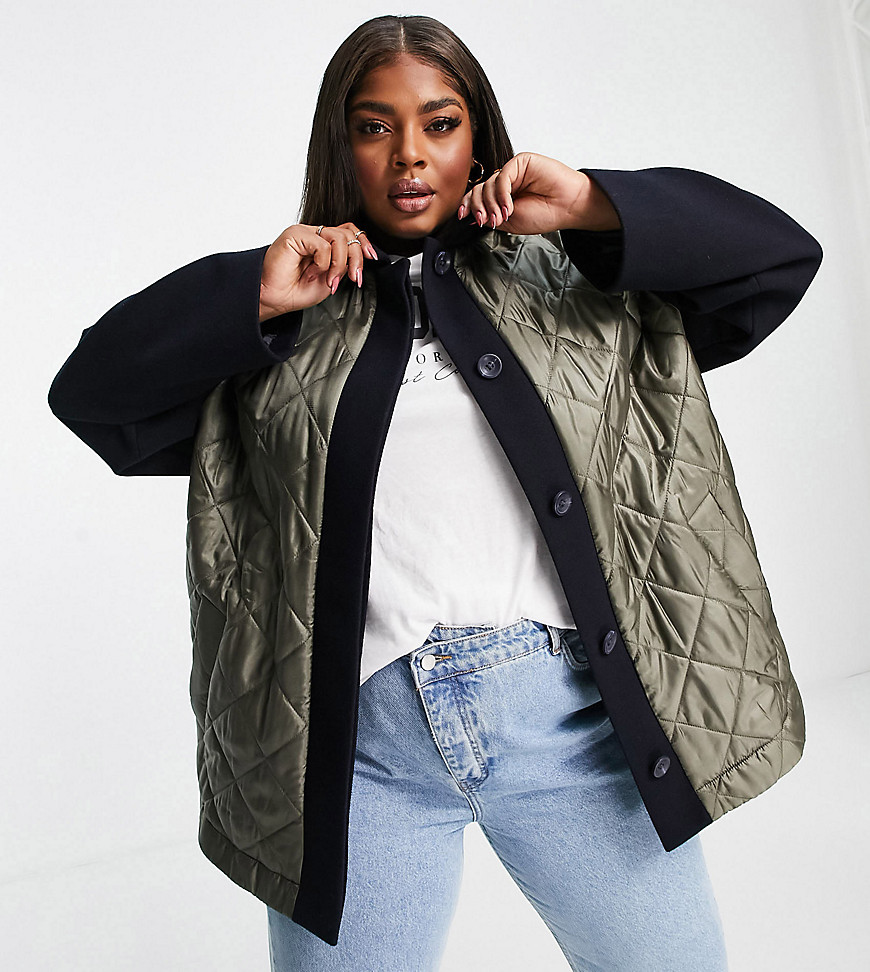 ASOS DESIGN Curve hybrid quilted shacket in khaki and navy-Blues