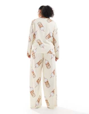 Asos Curve Asos Design Curve Iced Coffee Long Sleeve Top And Pants Pajama Set In Neutral
