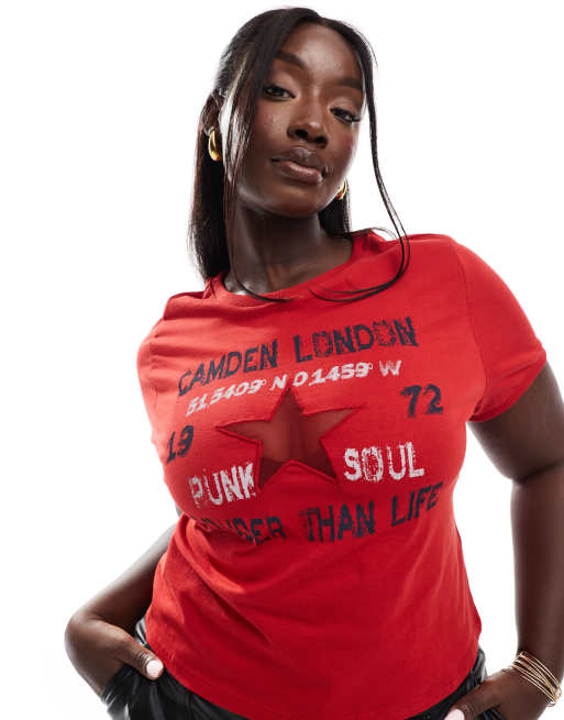 ASOS DESIGN Curve – Indie – Knapp geschnittenes T-Shirt in Rot mit Grafik und sternförmigem Zierausschnitt mit Netzstoff