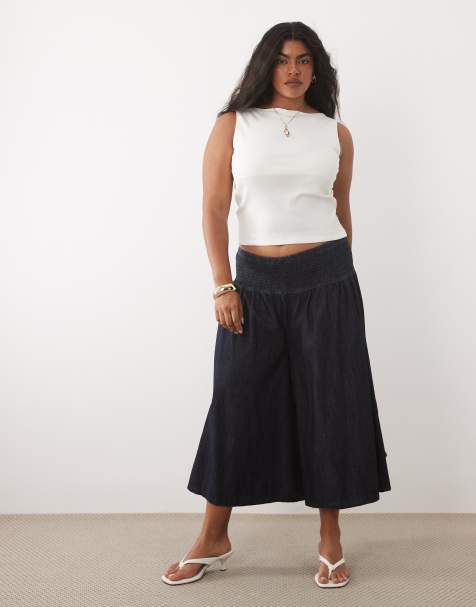 ASOS DESIGN Curve – Indigoblå culotte-jeans med smockat midjeband - view 1