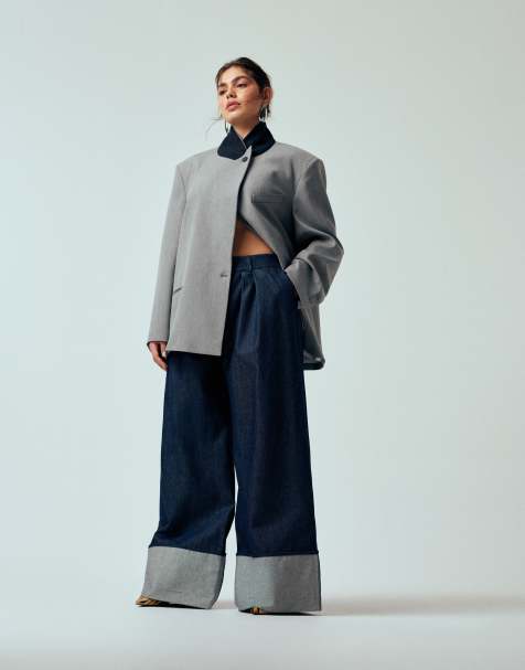 ASOS DESIGN Curve – Indigoblå, figursydda jeans med vida ben och uppvikt nederkant - view 1