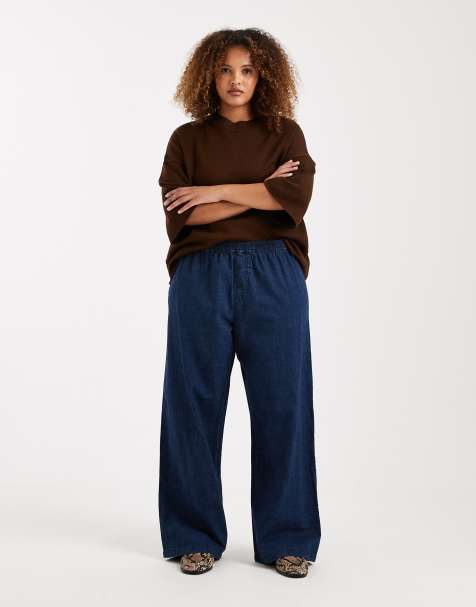 ASOS DESIGN Curve – Indigoblå jeans med vida ben och boxershortsmidja - view 1