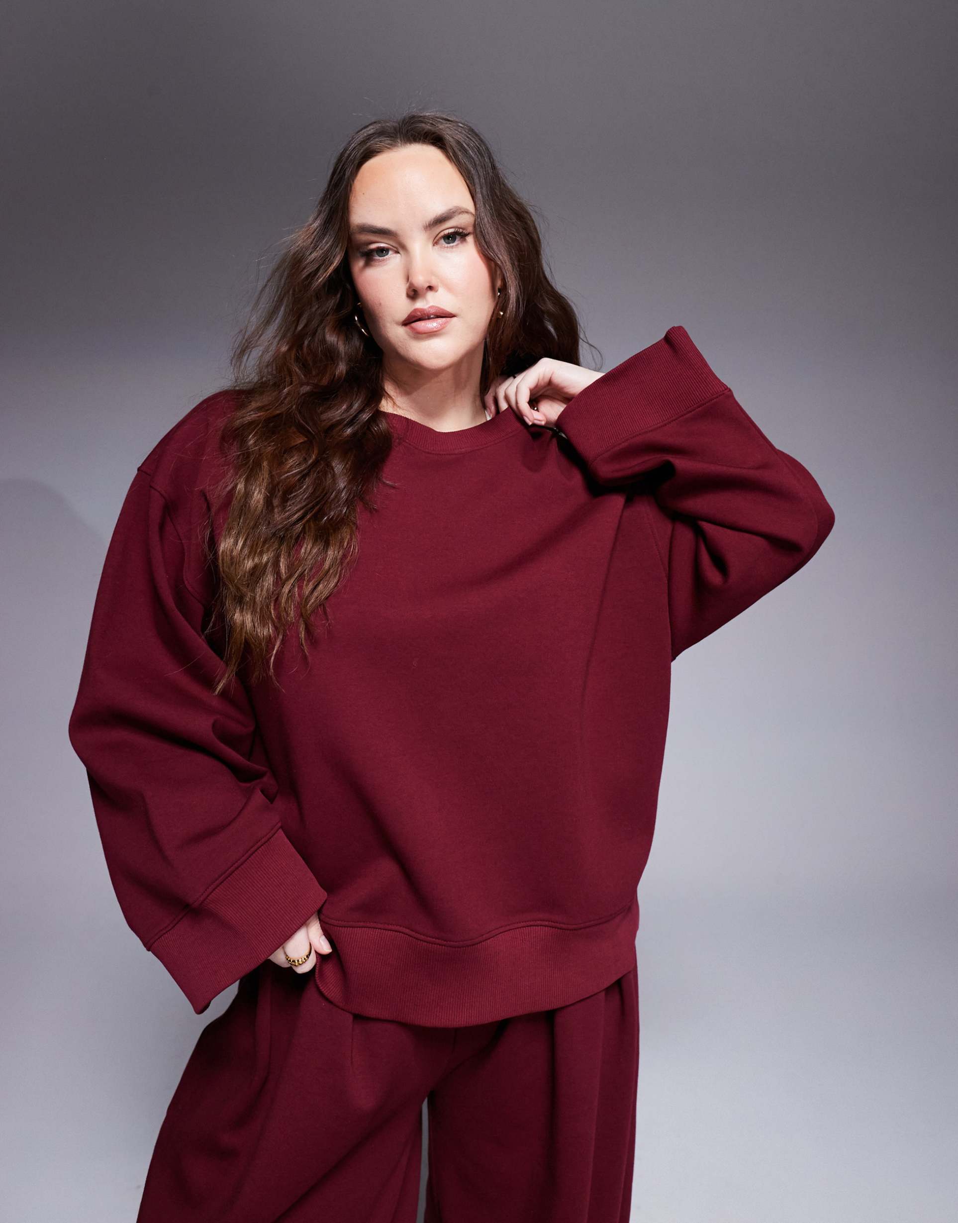asos design curve interlock oversized crew neck top in burgundy - part of a set