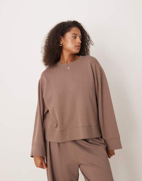 ASOS DESIGN Curve interlock oversized crew neck top in deep taupe