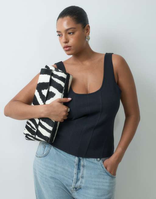 ASOS DESIGN Curve interlock scoop neck corset top with boning in black, 2 of 5