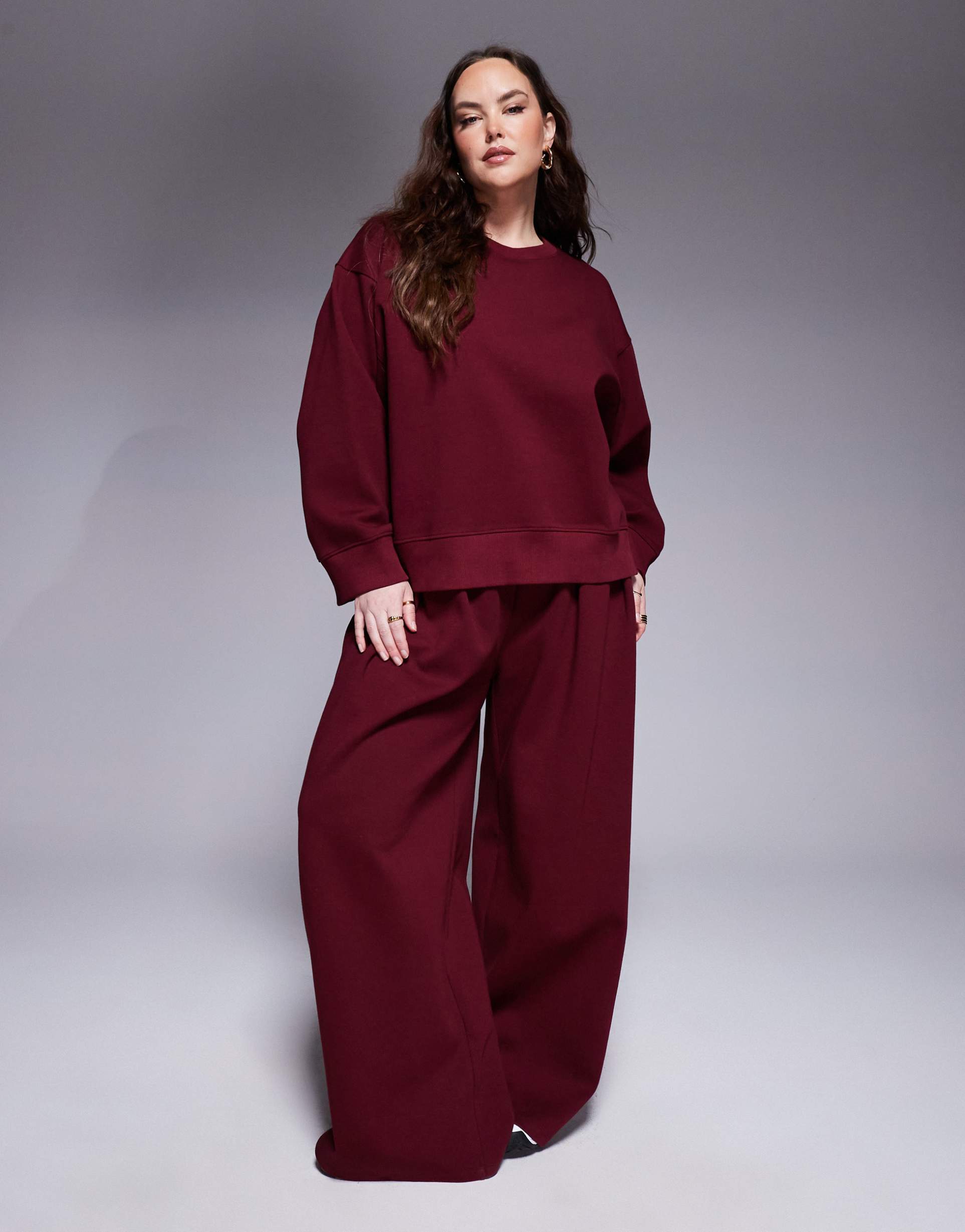 asos design curve interlock super wide leg pants in burgundy - part of a set