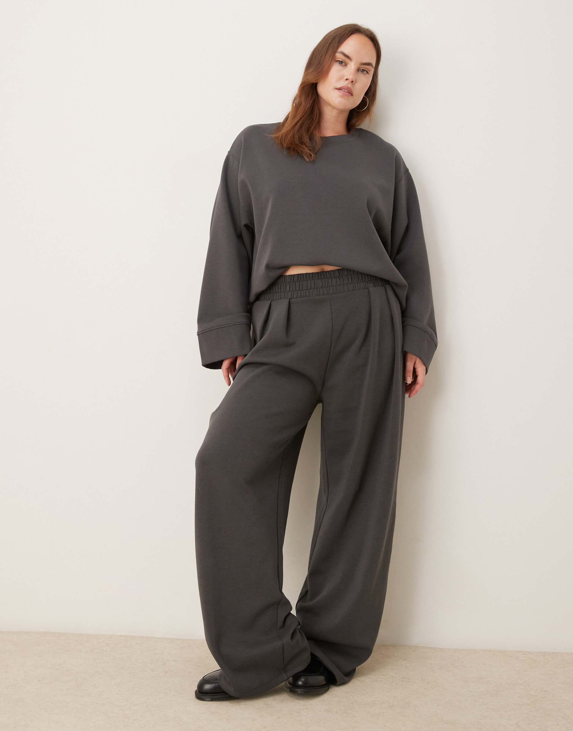asos design curve interlock super wide leg pants in charcoal