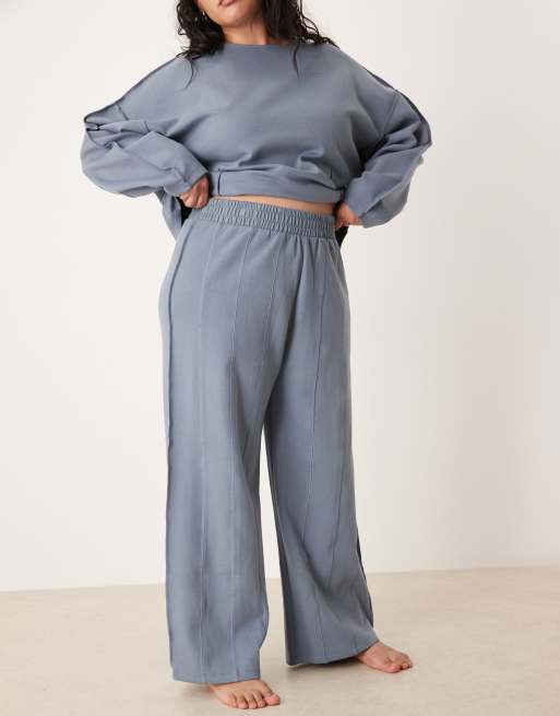 ASOS DESIGN Curve interlock super wide leg sweatpants with seam detail in blue, 2 of 5