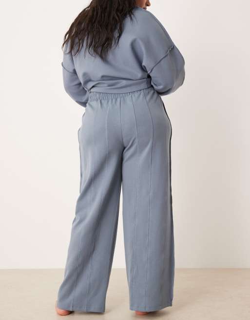 ASOS DESIGN Curve interlock super wide leg sweatpants with seam detail in blue, 4 of 5