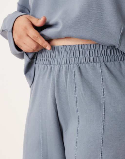 ASOS DESIGN Curve interlock super wide leg sweatpants with seam detail in blue, 5 of 5