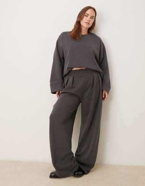 ASOS DESIGN Curve interlock super wide leg trouser in charcoal - view 1