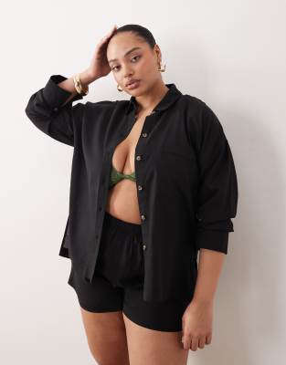 Asos Curve Asos Design Curve Ipanema Sheer Beach Shirt With Linen In Black