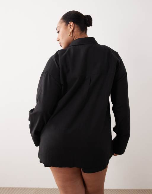 ASOS DESIGN Curve Ipanema sheer beach shirt with linen in black, 4 of 4