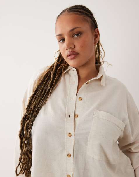 ASOS DESIGN Curve Ipanema sheer beach shirt with linen in natural - view 1