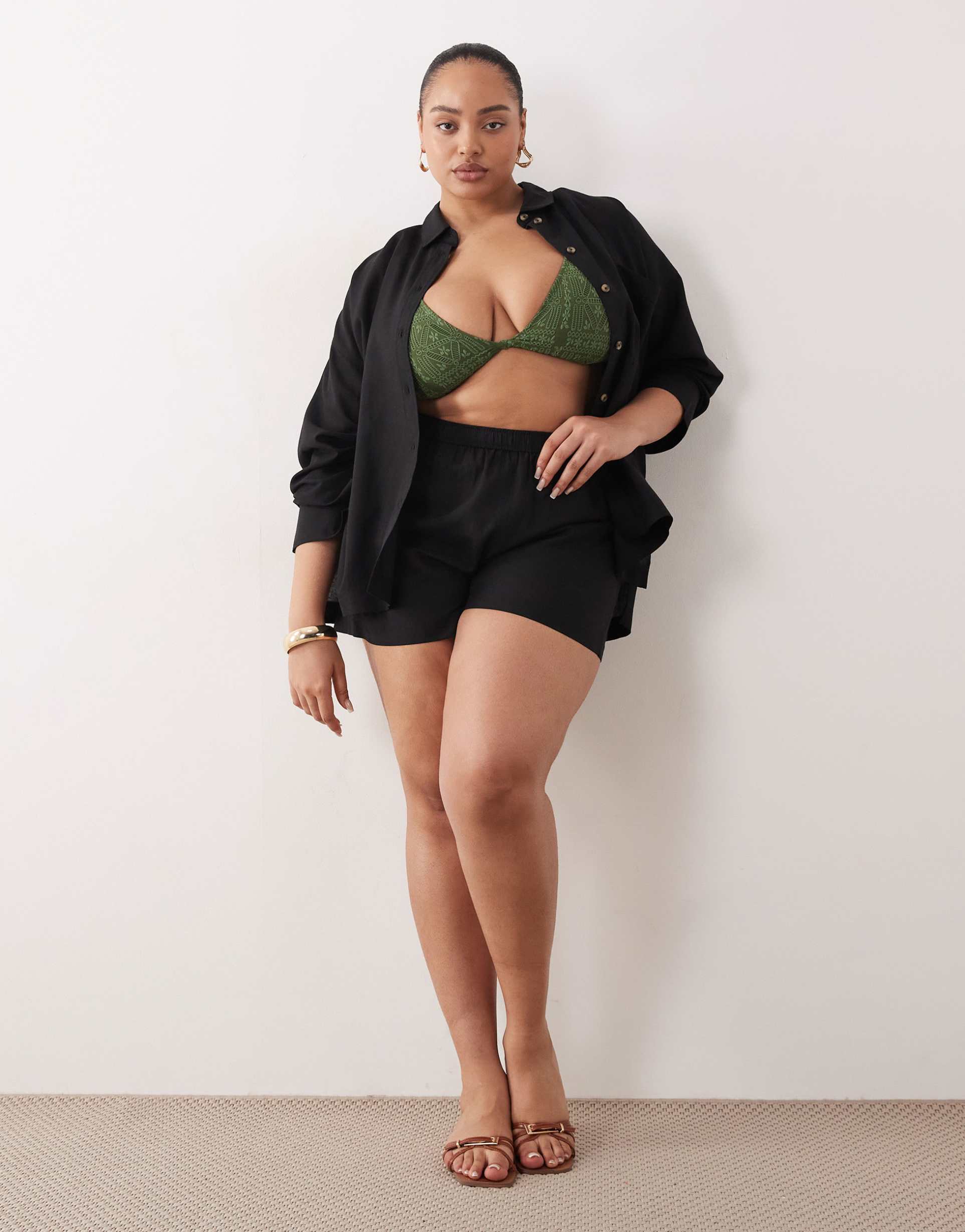 asos design curve ipanema sheer beach shorts with linen in black