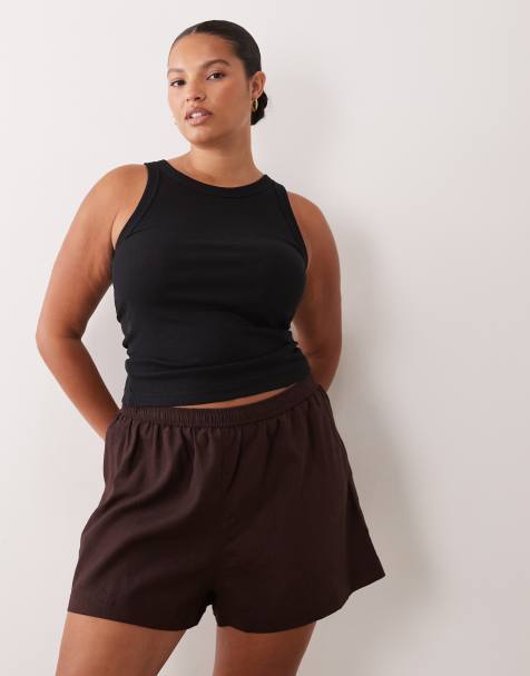 ASOS DESIGN Curve Ipanema sheer beach shorts with linen in chocolate - view 1