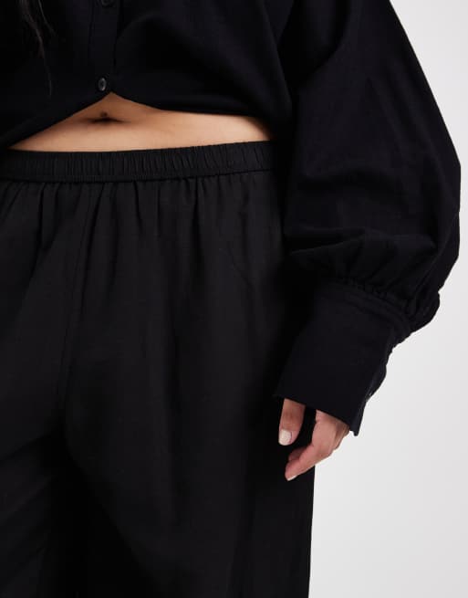 ASOS DESIGN Curve Ipanema sheer beach wide leg trousers with linen in black, 3 of 5