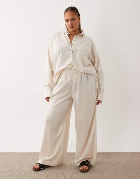 ASOS DESIGN Curve Ipanema sheer beach wide leg trousers with linen in natural - view 1