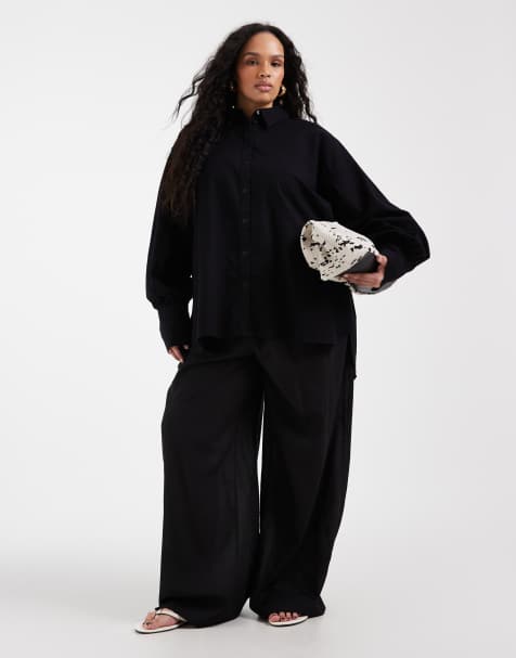 ASOS DESIGN Curve Ipanema sheer linen blend wide leg beach pants in black - part of a set - view 1