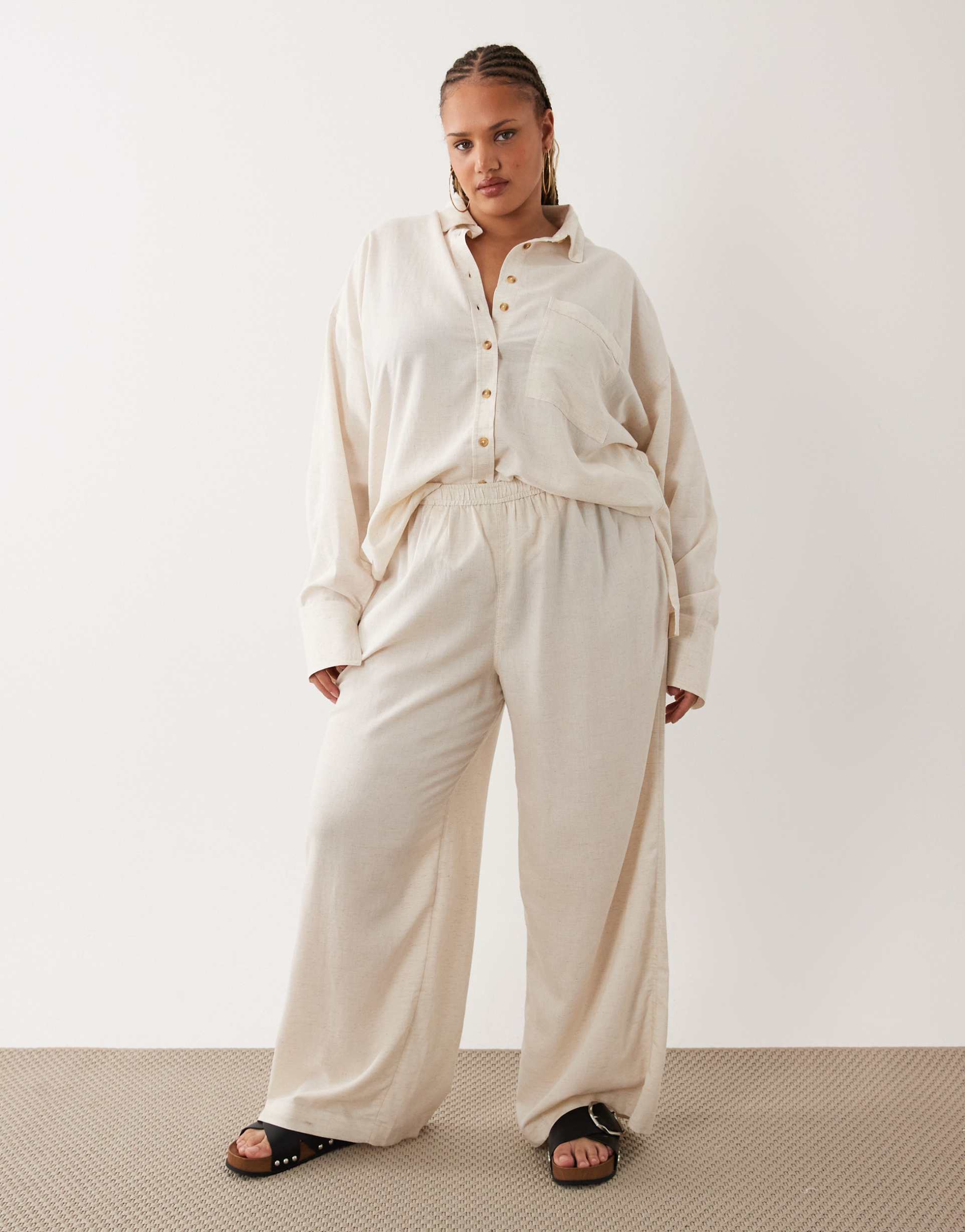 asos design curve ipanema sheer linen blend wide leg beach pants in natural - part of a set