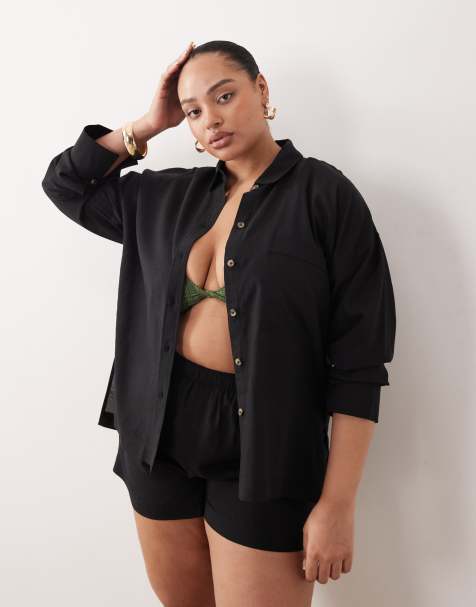 ASOS DESIGN Curve – Ipanema – Transparentes Strandhemd in Schwarz mit Leinenanteil - view 1
