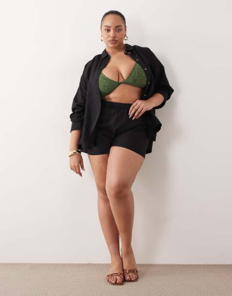 ASOS DESIGN Curve – Ipanema – Transparentes Strandshorts in Schwarz mit Leinenanteil - view 1