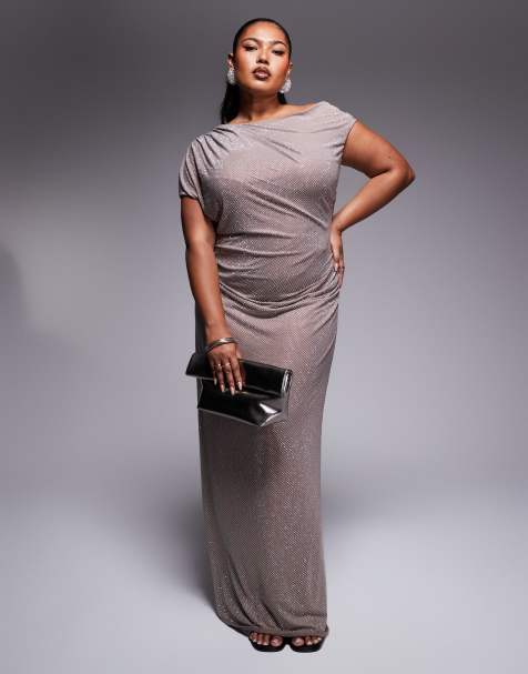 ASOS DESIGN Curve iridescent hotfix ruched off shoulder midi dress in silver - view 1