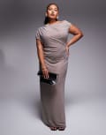 [ASOS Curve] ASOS DESIGN Curve iridescent hotfix ruched off shoulder midi dress in silver 18 Silver