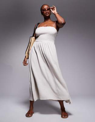 Thumbnail - ASOS DESIGN Curve - Isabel - Gesmoktes, trägerloses Strandkleid aus Leinenmix in Natur-Neutral