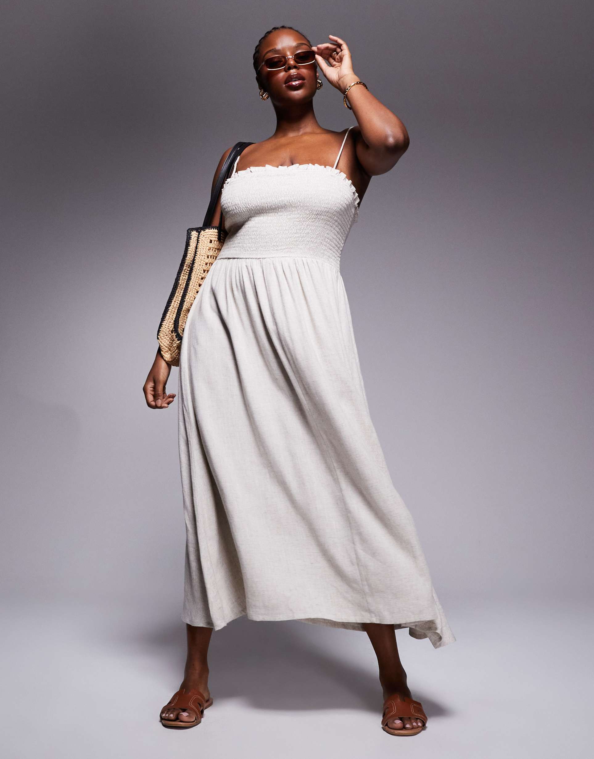 asos design curve isabel linen blend shirred bandeau beach dress in natural