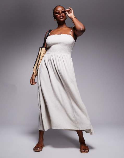 ASOS DESIGN Curve Isabel linen blend shirred bandeau beach sundress in natural - view 1