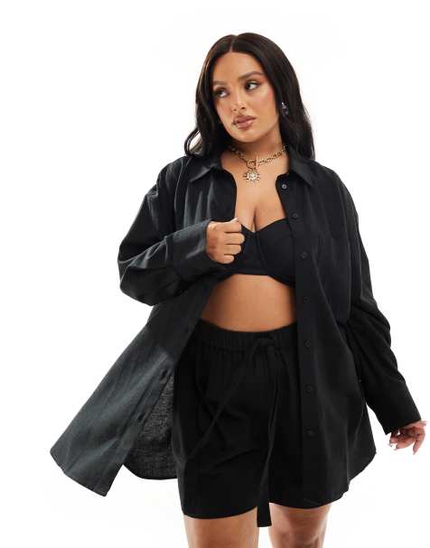 ASOS DESIGN Curve – Isabel – Mieszaj i łącz – Czarna koszula plażowa oversize o lnianym wyglądzie - view 1
