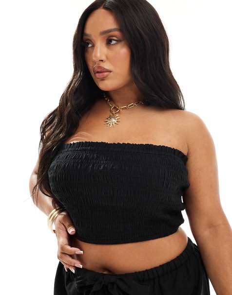 ASOS DESIGN Curve Isabel mix & match linen look shirred bandeau beach top in black