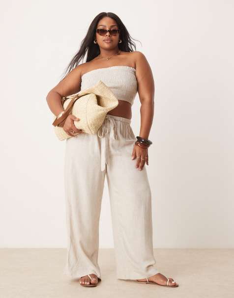 ASOS DESIGN Curve - Isabel - Mix en match - Strandbroek van linnenmix met gestrikte taille in naturel - view 1