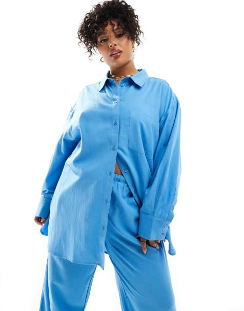 ASOS DESIGN Curve Isabel Mix & Match linen blend oversized beach shirt in blue - view 1