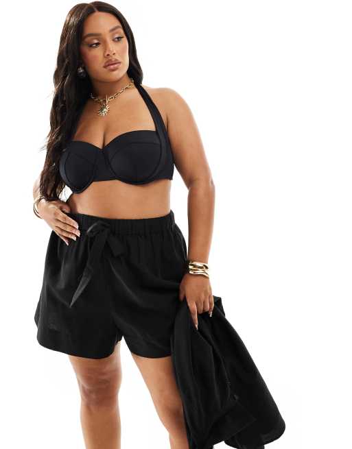 ASOS DESIGN Curve  Isabel mix & match linen look beach short in black
