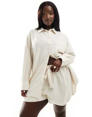 Asos Design Curve Isabel Mix & Match Linen Look Oversize Beach Shirt In Neutral