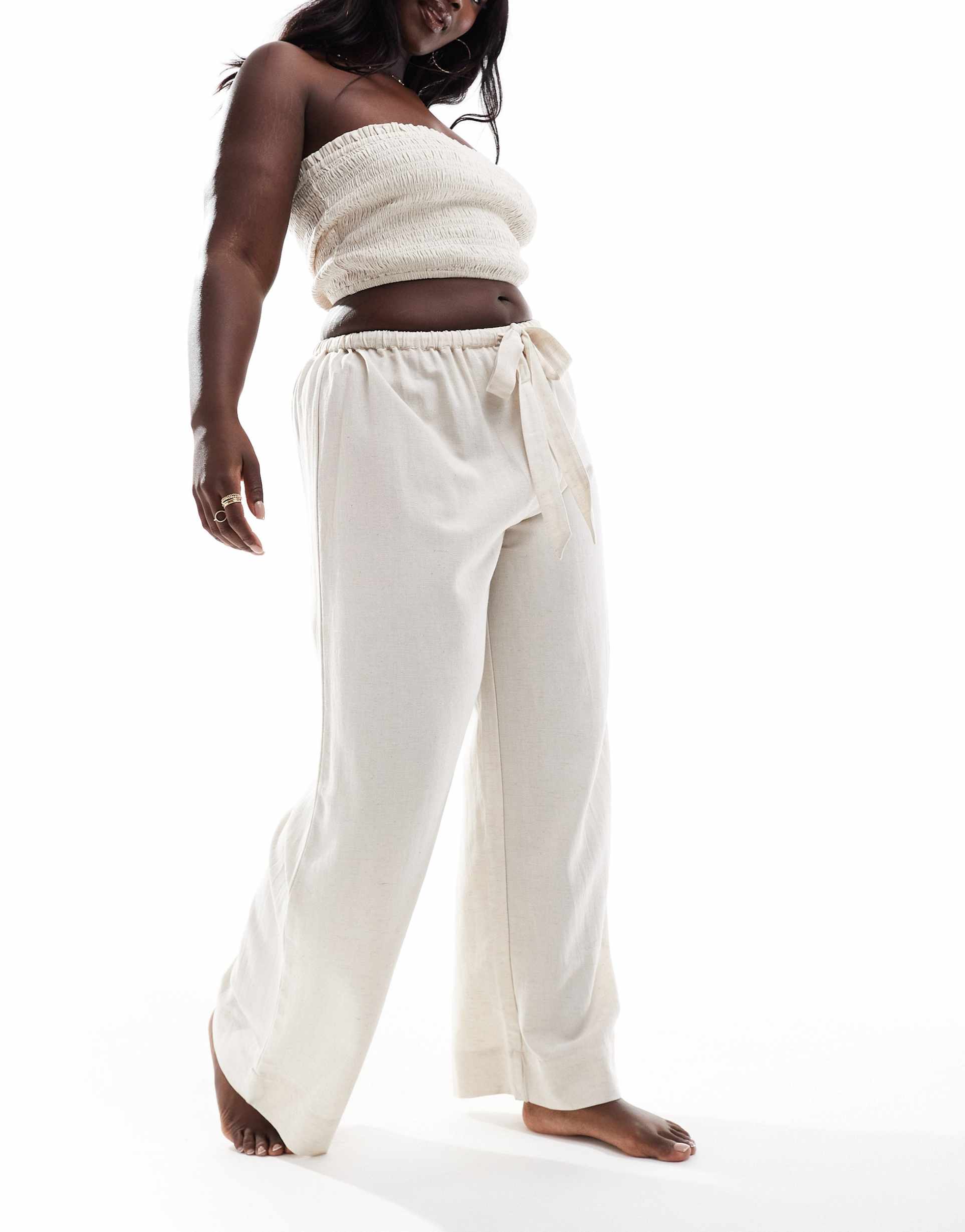 asos design curve isabel mix & match linen look tie waist beach pants in neutral