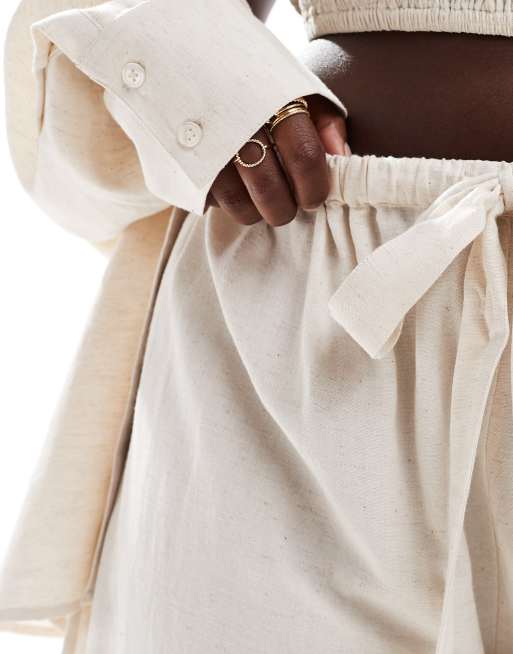 ASOS DESIGN Curve Isabel mix & match linen look tie waist beach pants in neutral, 3 of 5
