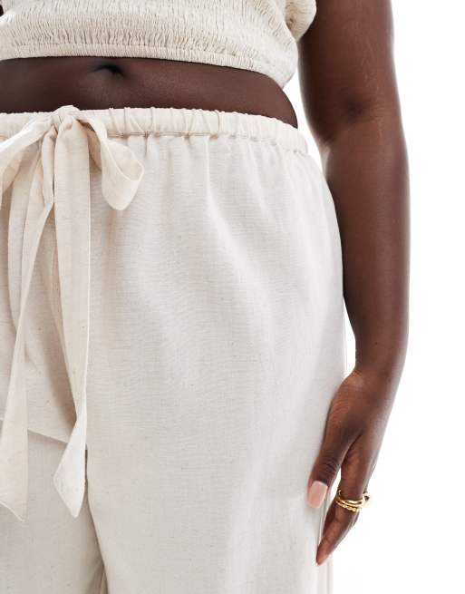ASOS DESIGN Curve Isabel mix & match linen look tie waist beach pants in neutral, 4 of 5