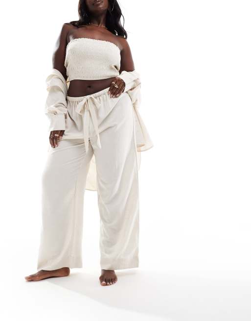 ASOS DESIGN Curve Isabel mix & match linen look tie waist beach pants in neutral, 5 of 5