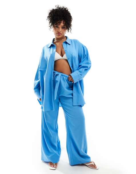 ASOS DESIGN Curve Isabel mix & match linen look tie waist beach trouser in blue