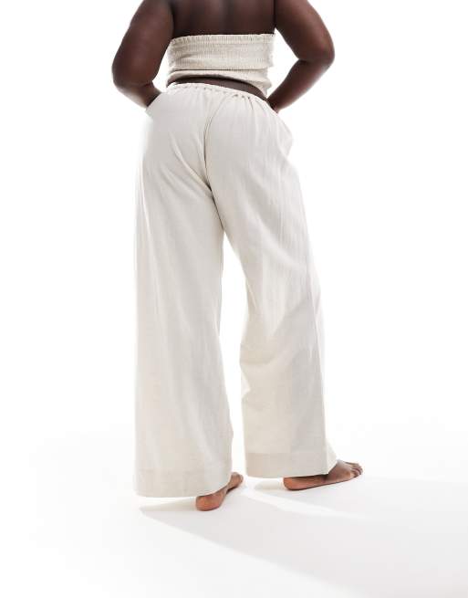 ASOS DESIGN Curve Isabel mix & match linen look tie waist beach trouser in neutral, 2 of 5