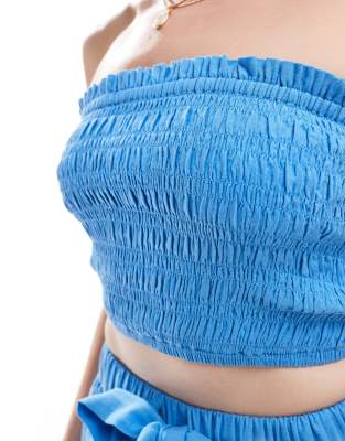 Asos Design Curve Isabel Mix & Match Linen Mix Shirred Bandeau Beach Top In Blue